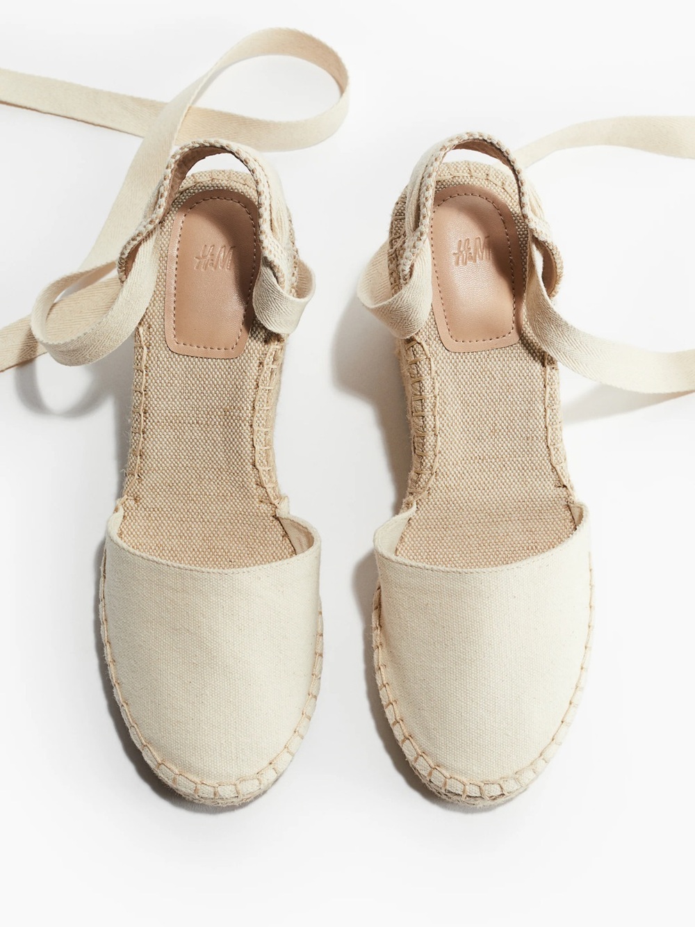 H&M Cream Canvas Espadrille Tie Sandals with Ankle Wrap